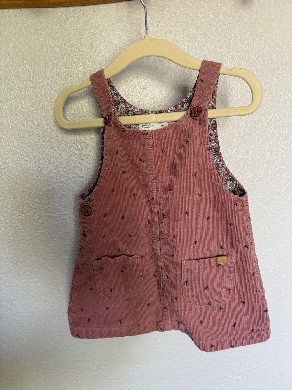 Zara Girls' Pink Corduroy Pinafore Dress - Floral Lined